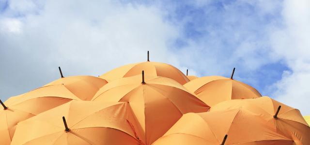 orange umbrella lot by Catrin Johnson courtesy of Unsplash.